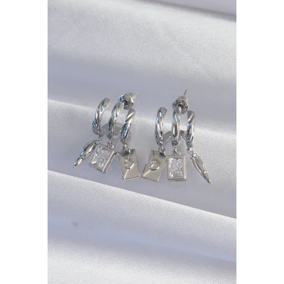 BUĞZ Pirinç Gümüş Renk Zirkon Taşlı Çoklu Aksesuarlı Yarım Halka Kaburga Küpe - Lisinya