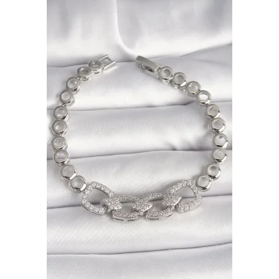 BUĞZ Pirinç Gümüş Renk Zirkon Taşlı Daire Zincir Model Kadın Bileklik