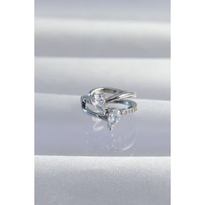 BUĞZ Pirinç Gümüş Renk Zirkon Taşlı Damla Earcuff Küpe