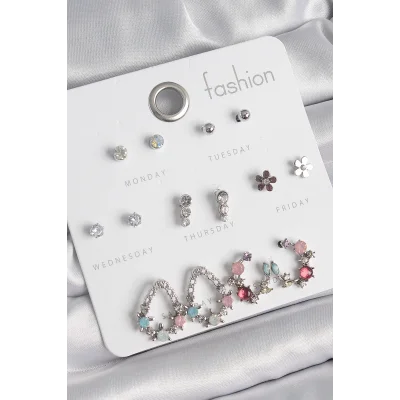 BUĞZ Pirinç Gümüş Renk Zirkon Taşlı Damla Model Çiçek Detay 7 Çift Kadın Küpe Seti