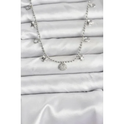 BUĞZ Pirinç Gümüş Renk Zirkon Taşlı Deniz Kabuğu Model Kadın Kolye