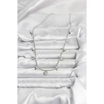 BUĞZ Pirinç Gümüş Renk Zirkon Taşlı Deniz Kabuğu Model Kadın Kolye - Lisinya