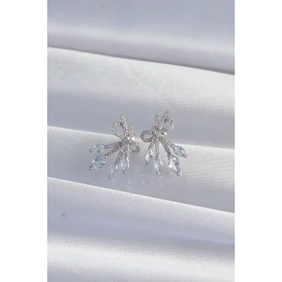 BUĞZ Pirinç Gümüş Renk Zirkon Taşlı Fiyonk Küpe - Lisinya