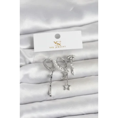 BUĞZ Pirinç Gümüş Renk Zirkon Taşlı Gece Temalı 3lü Kadın Küpe