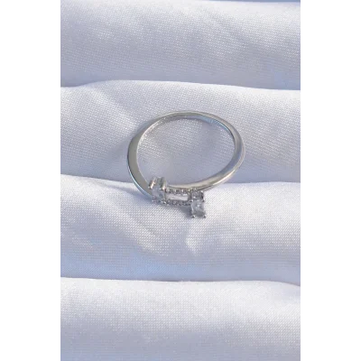 BUĞZ Pirinç Gümüş Renk Zirkon Taşlı Geometrik Ayarlanabilir Yüzük - Lisinya