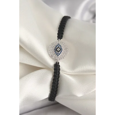 BUĞZ Pirinç Gümüş Renk Zirkon Taşlı Göz İşlemeli Figür Asansörlü Makrome Model Kadın Bileklik