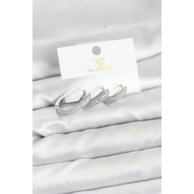 BUĞZ Pirinç Gümüş Renk Zirkon Taşlı Halka Model YSX Trio Küpe Seti