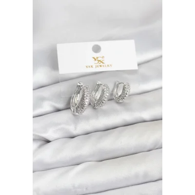BUĞZ Pirinç Gümüş Renk Zirkon Taşlı Halka Model YSX Trio Küpe Seti