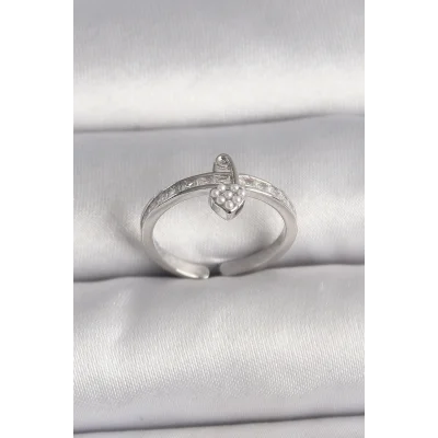 BUĞZ Pirinç Gümüş Renk Zirkon Taşlı İnci Detaylı Kilit Kalp Model Ayarlanabilir Yüzük