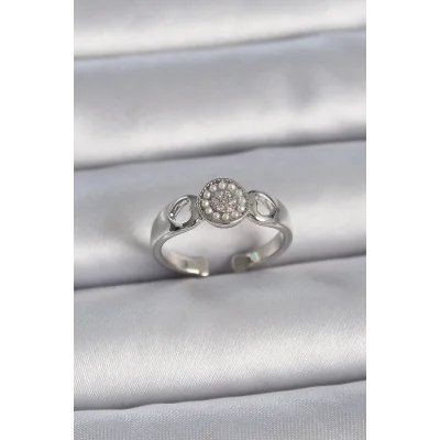 BUĞZ Pirinç Gümüş Renk Zirkon Taşlı İncili Kalp İşleme Detay Ayarlanabilir Model Kadın Yüzük