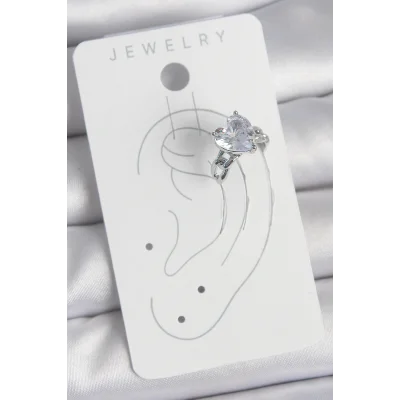 BUĞZ Pirinç Gümüş Renk Zirkon Taşlı Kalp Model Kadın Kıkırdak Küpe - Lisinya