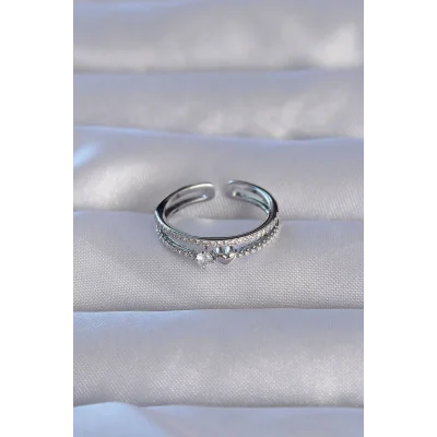 BUĞZ Pirinç Gümüş Renk Zirkon Taşlı Kalpli Su Yolu Model Ayarlanabilir Yüzük - Lisinya