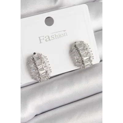 BUĞZ Pirinç Gümüş Renk Zirkon Taşlı Kaplumbağa Kabuğu Model Kadın Küpe