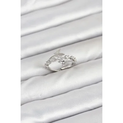 BUĞZ Pirinç Gümüş Renk Zirkon Taşlı Kelebek Model Kadın Yüzük