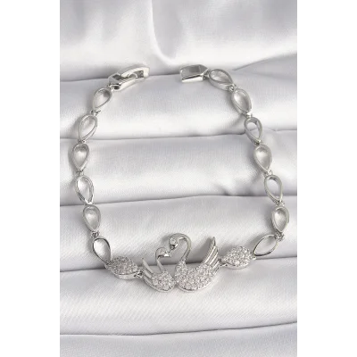 BUĞZ Pirinç Gümüş Renk Zirkon Taşlı Kuğu Figür Damla Zincir Model Kadın Bileklik