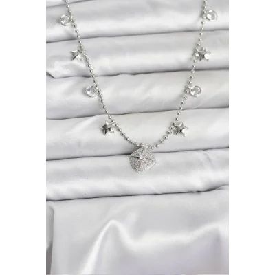 BUĞZ Pirinç Gümüş Renk Zirkon Taşlı Kutup Yıldızı Model Kadın Kolye