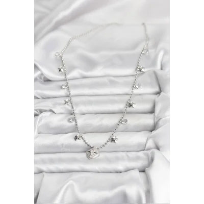 BUĞZ Pirinç Gümüş Renk Zirkon Taşlı Kutup Yıldızı Model Kadın Kolye - Lisinya