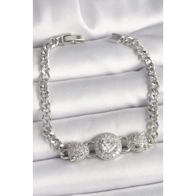 BUĞZ Pirinç Gümüş Renk Zirkon Taşlı Leopar Figür Zincir Model Kadın Bileklik