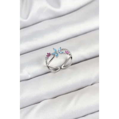 BUĞZ Pirinç Gümüş Renk Zirkon Taşlı Mavi Çiçekli Kadın Yüzük