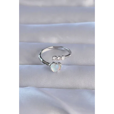 BUĞZ Pirinç Gümüş Renk Zirkon Taşlı Sedefli Kalp Model Ayarlanabilir Yüzük - Lisinya