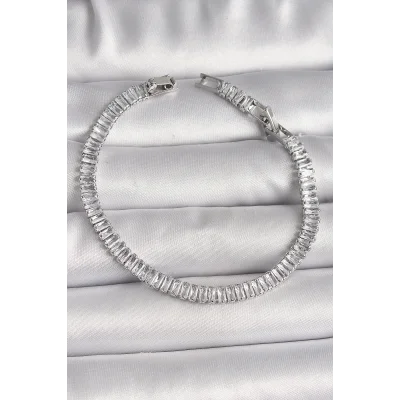 BUĞZ Pirinç Gümüş Renk Zirkon Taşlı Su Yolu Model Kadın Bileklik