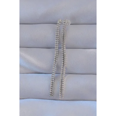 BUĞZ Pirinç Gümüş Renk Zirkon Taşlı Su Yolu Model Küpe