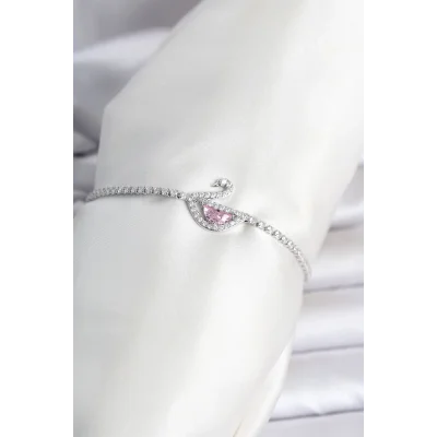 BUĞZ Pirinç Gümüş Renk Zirkon Taşlı Swan Model Su Yolu Kadın Bileklik