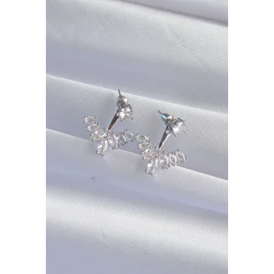 BUĞZ Pirinç Gümüş Renk Zirkon Taşlı V Model Küpe - Lisinya