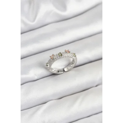 BUĞZ Pirinç Gümüş Renk Zirkon Taşlı Vintage Kadın Yüzük