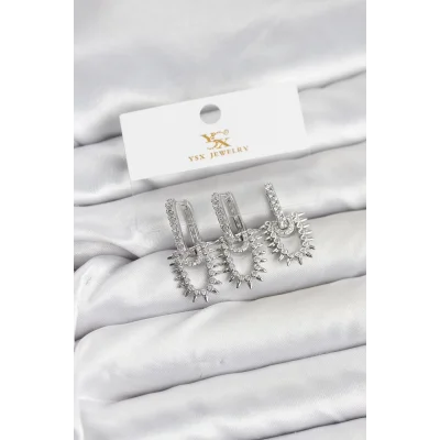 BUĞZ Pirinç Gümüş Renk Zirkon Taşlı Vintage Model YSX Trio Küpe Seti