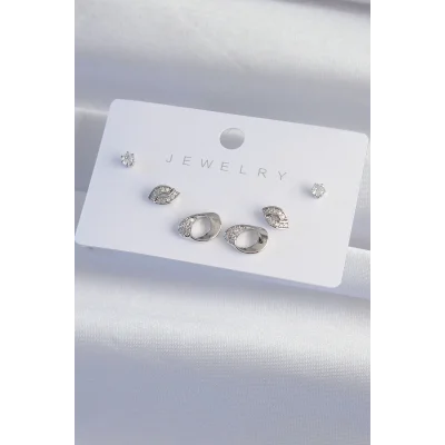 BUĞZ Pirinç Gümüş Renk Zirkon Taşlı Yaprak Model Küpe Seti - Lisinya