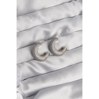 BUĞZ Pirinç Gümüş Renk Zirkon Taşlı Yarım Halka Küpe