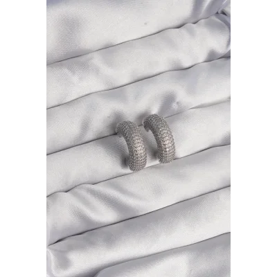 BUĞZ Pirinç Gümüş Renk Zirkon Taşlı Yarım Halka Küpe - Lisinya