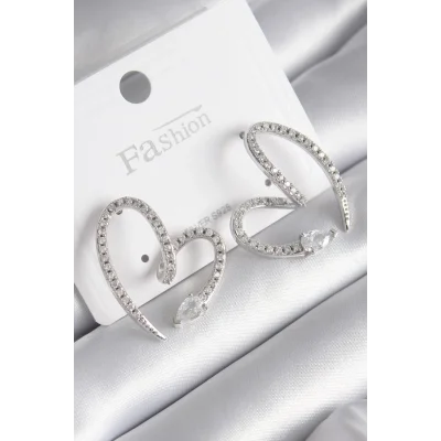 BUĞZ Pirinç Gümüş Renk Zirkon Taşlı Yılan Kalp Model Kadın Küpe