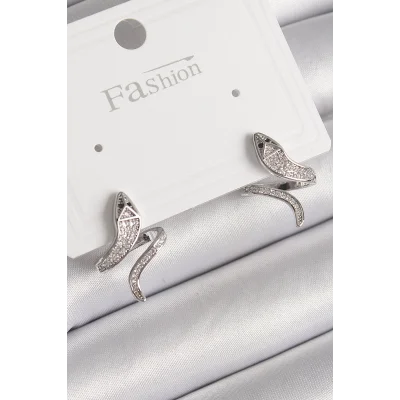 BUĞZ Pirinç Gümüş Renk Zirkon Taşlı Yılan Model Kadın Küpe