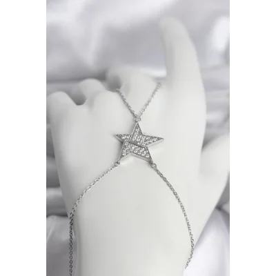 BUĞZ Pirinç Gümüş Renk Zirkon Taşlı Yıldız Model Kadın Şahmeran