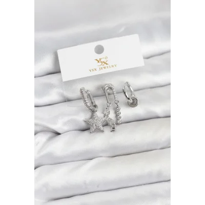 BUĞZ Pirinç Gümüş Renk Zirkon Taşlı Yıldız Vintage Model YSX Trio Küpe Seti