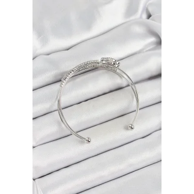 BUĞZ Pirinç Gümüş Renk Zirkon Taşlı Yonca Model 2li Kadın Bileklik - Lisinya