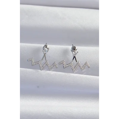 BUĞZ Pirinç Gümüş Renk Zirkon Taşlı Zikzak Küpe - Lisinya