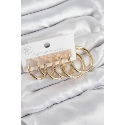 BUĞZ Pirinç Halka Model Gold Renk Kadın Set Küpe