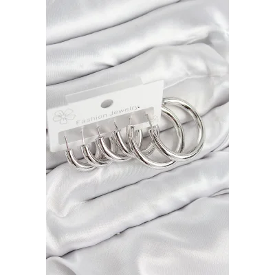 BUĞZ Pirinç Halka Model Gümüş Renk Kadın Set Küpe