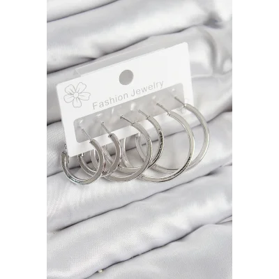 BUĞZ Pirinç Halka Model Gümüş Renk Kadın Set Küpe