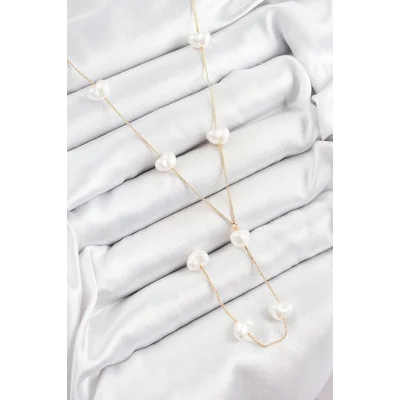 BUĞZ Pirinç İncili Kalp Figürlü Y Model Gold Renk Kadın Kolye