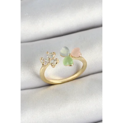 BUĞZ Pirinç Kalp Figürlü Zirkon Taşlı Gold Renk Ayarlanabilir Kadın Yüzük