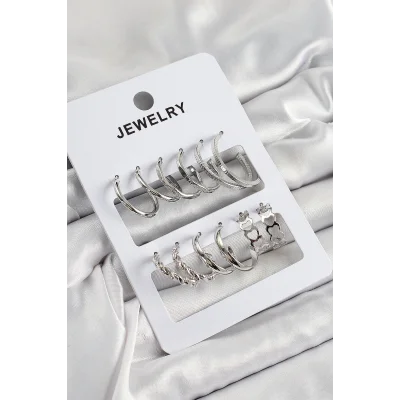 BUĞZ Pirinç Karışık Halka Model Gümüş Renk 6 Çift Kadın Küpe Set