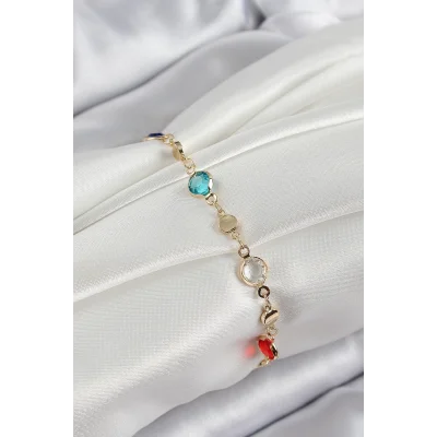 BUĞZ Pirinç Karışık Renk Zirkon Taşlı Gold Renk Kadın Bileklik