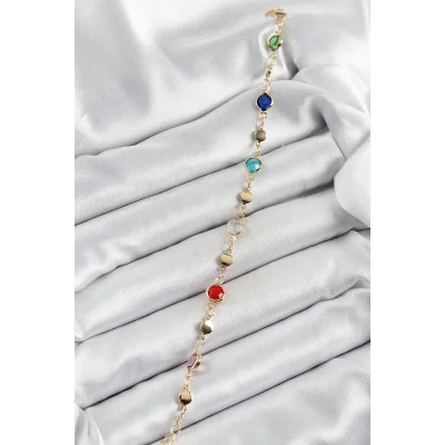 BUĞZ Pirinç Karışık Renk Zirkon Taşlı Gold Renk Kadın Bileklik - Lisinya