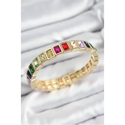 BUĞZ Pirinç Karışık Zirkon Taşlı Dikdörtgen Model Gold Renk Lastikli Kadın Bileklik