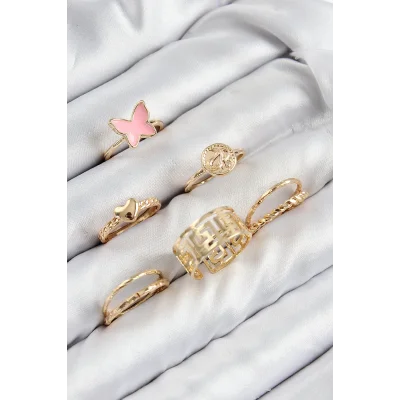 BUĞZ Pirinç Kelebek Ve Kalp Model Gold Renk Kadın Yüzük Kombin Set