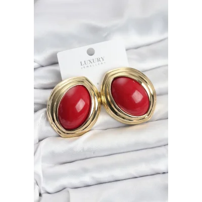 BUĞZ Pirinç Kırmızı Badem Model Vintage Gold Kadın Küpe